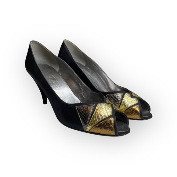 Vintage: Bruno Magli ✦ Kitten Heel Peep Toe Pumps ✦ Metallic Leather Patchwork ✦ - Picture 8 of 16